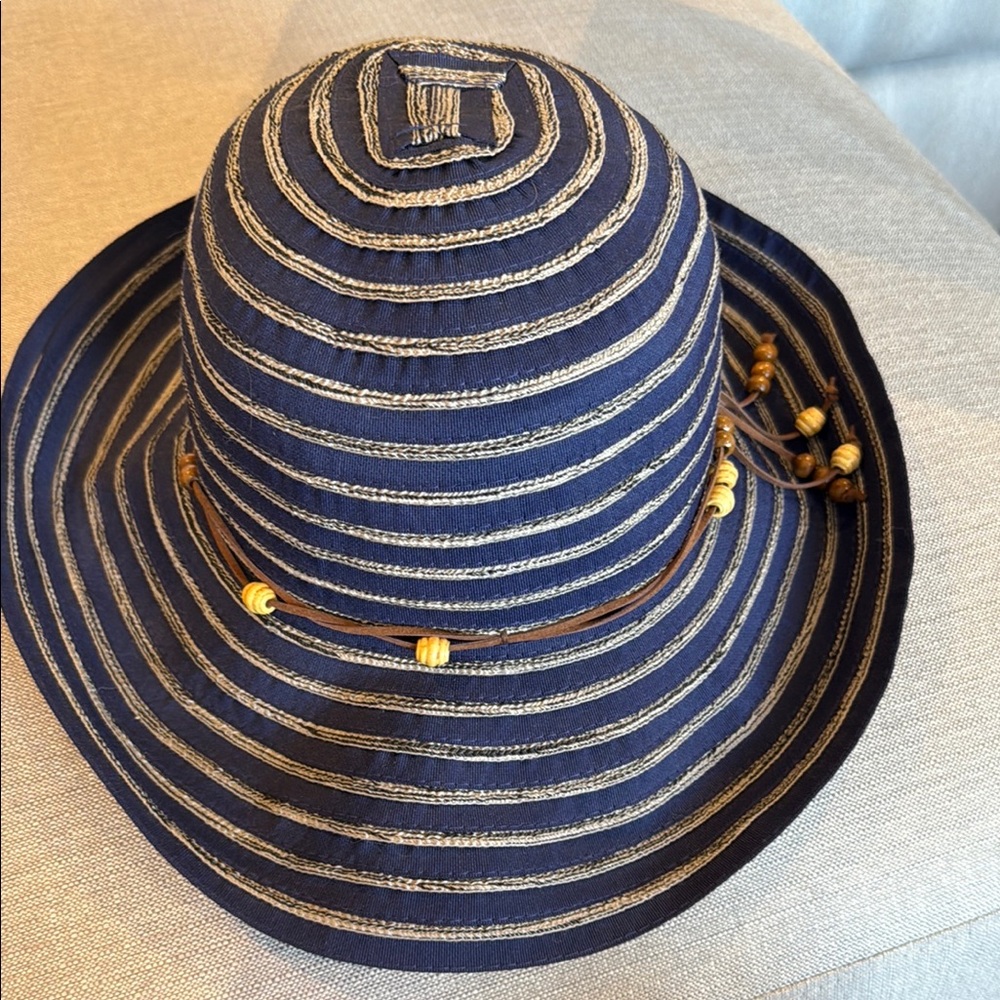 Blue and Brown Textured Wide-Brimmed Hat